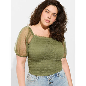 Torrid | Olive Green Polka Dot Mesh Smocked Sheer-Sleeve Peasant Crop Top